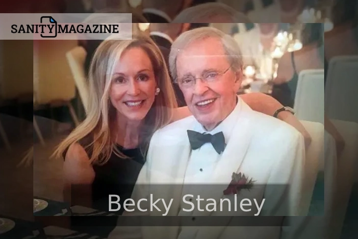 Becky Stanley and Dr. Charles Stanley posing at a formal event, showcasing their family and faith legacy.