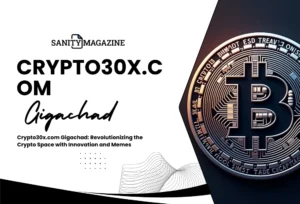 A stylized cryptocurrency coin featuring a Bitcoin logo, representing the innovative approach of Crypto30x.com Gigachad, displayed with the Sanity Magazine logo.