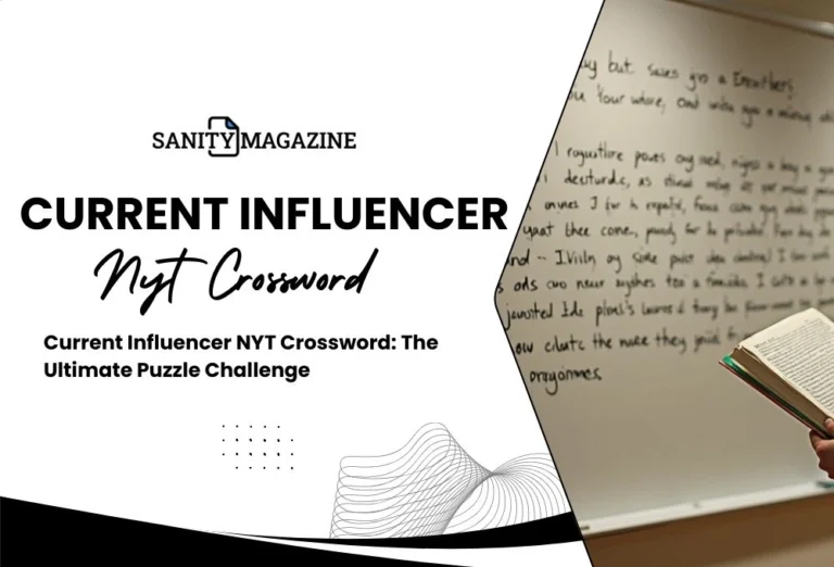 Minimalist magazine layout featuring 'Current Influencer NYT Crossword' title with decorative wave pattern and open book background