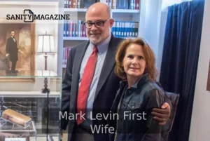 Mark Levin First Wife posing with a woman in front of a bookshelf with historical books and a framed painting.