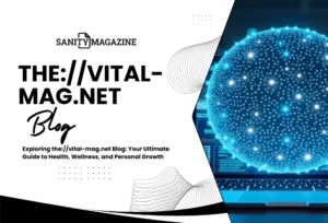 A the://vital-mag.net Blog with interconnected nodes floating above a laptop, symbolizing global digital connectivity and innovative content.